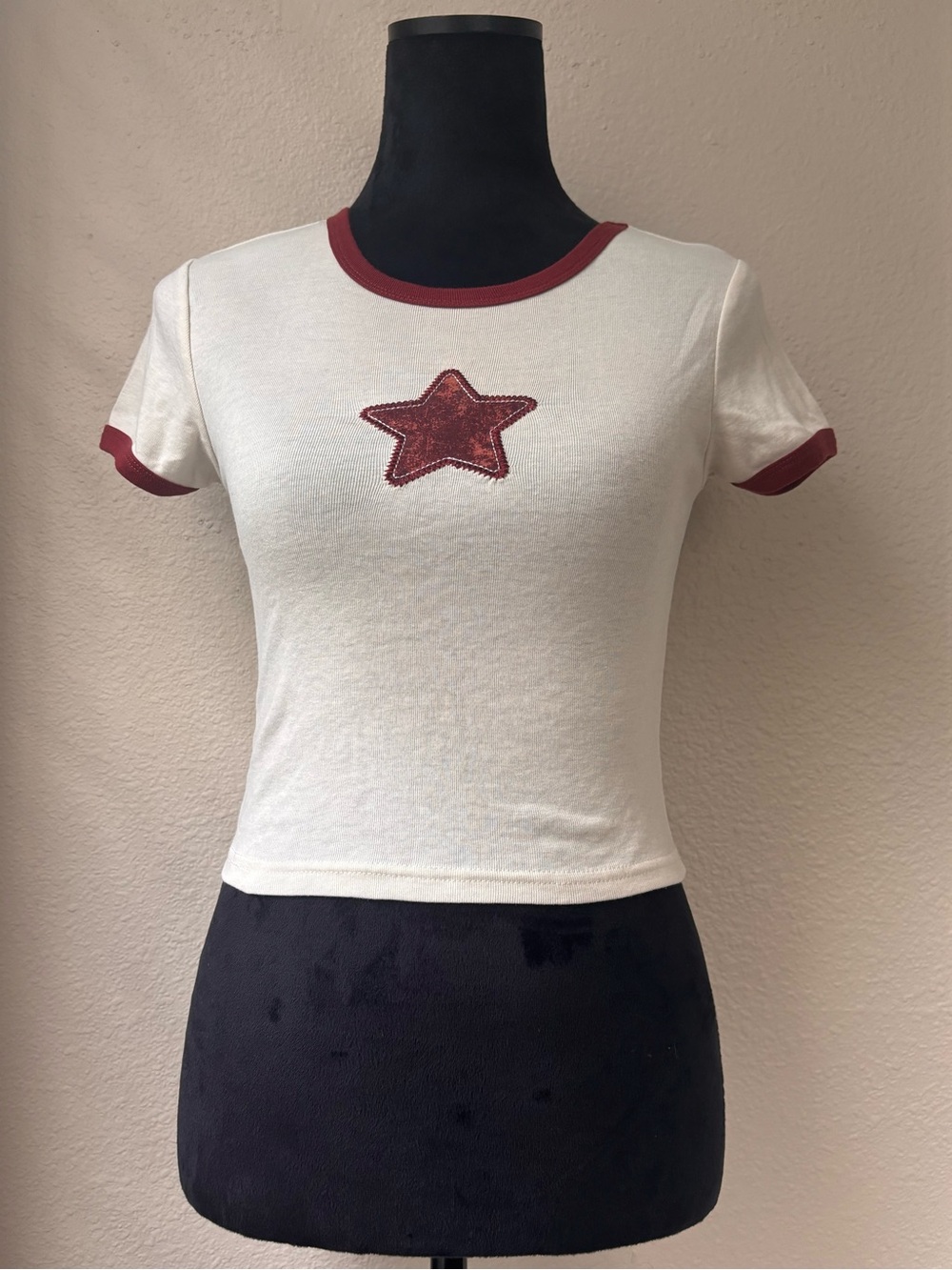 Retro Star Ringer Crop Tee - White with Burgundy Star